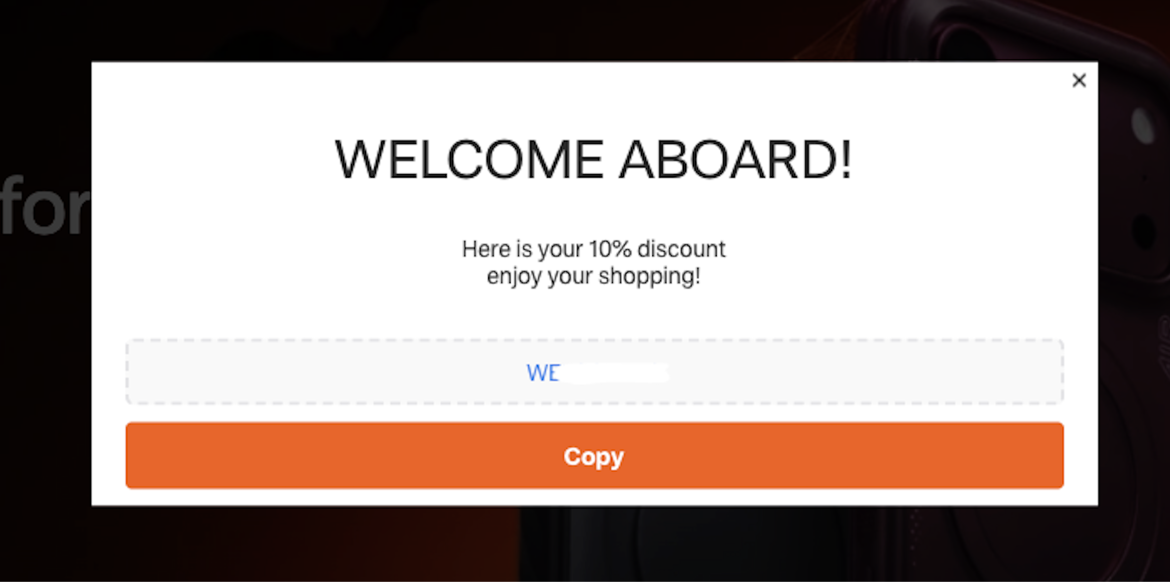 screenshot showing a successful sign up for the torras club and the 10 percent off code that you get immediately